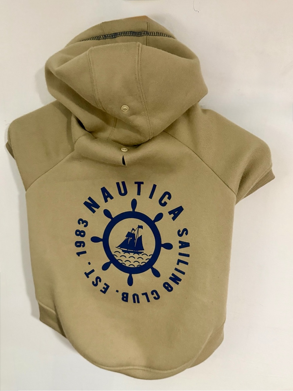 Nautica Khaki Crewneck Doggie Hoodie with Navy Sailing Emblem